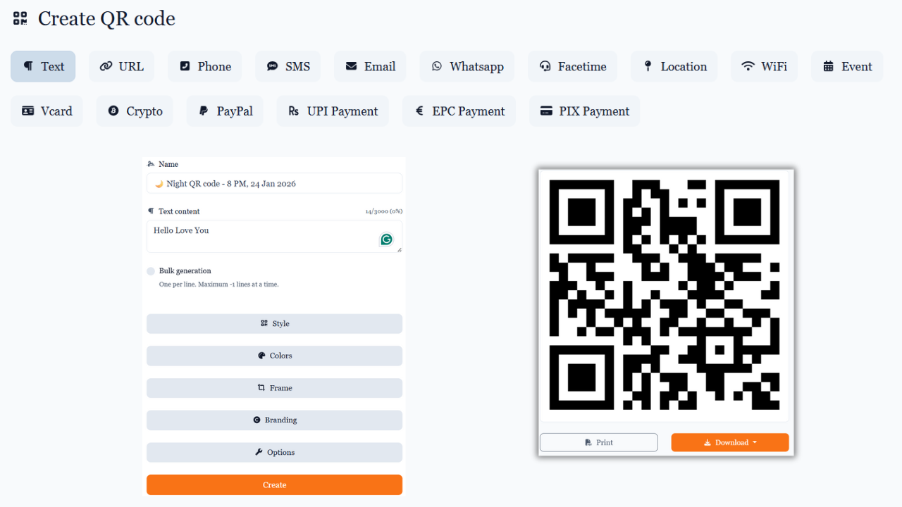 Screenshot of the QR code generator page