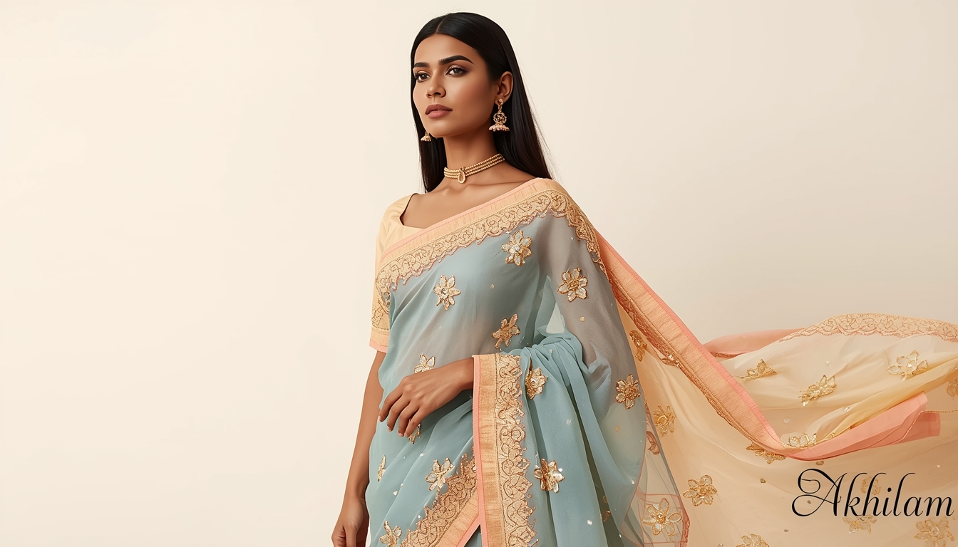 The Akhilam Women’s Pure Georgette Embroidered Saree